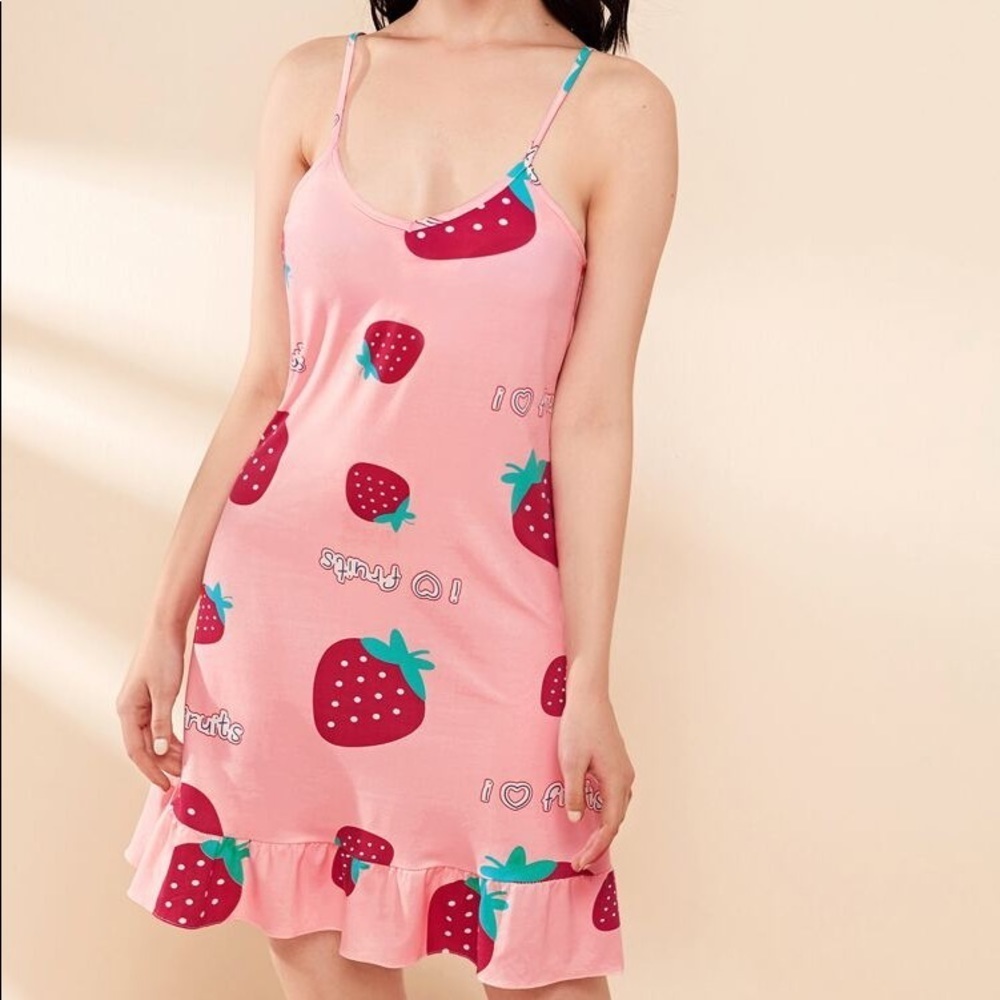 New Pink Strawberry Ruffle Cami Nightgown​